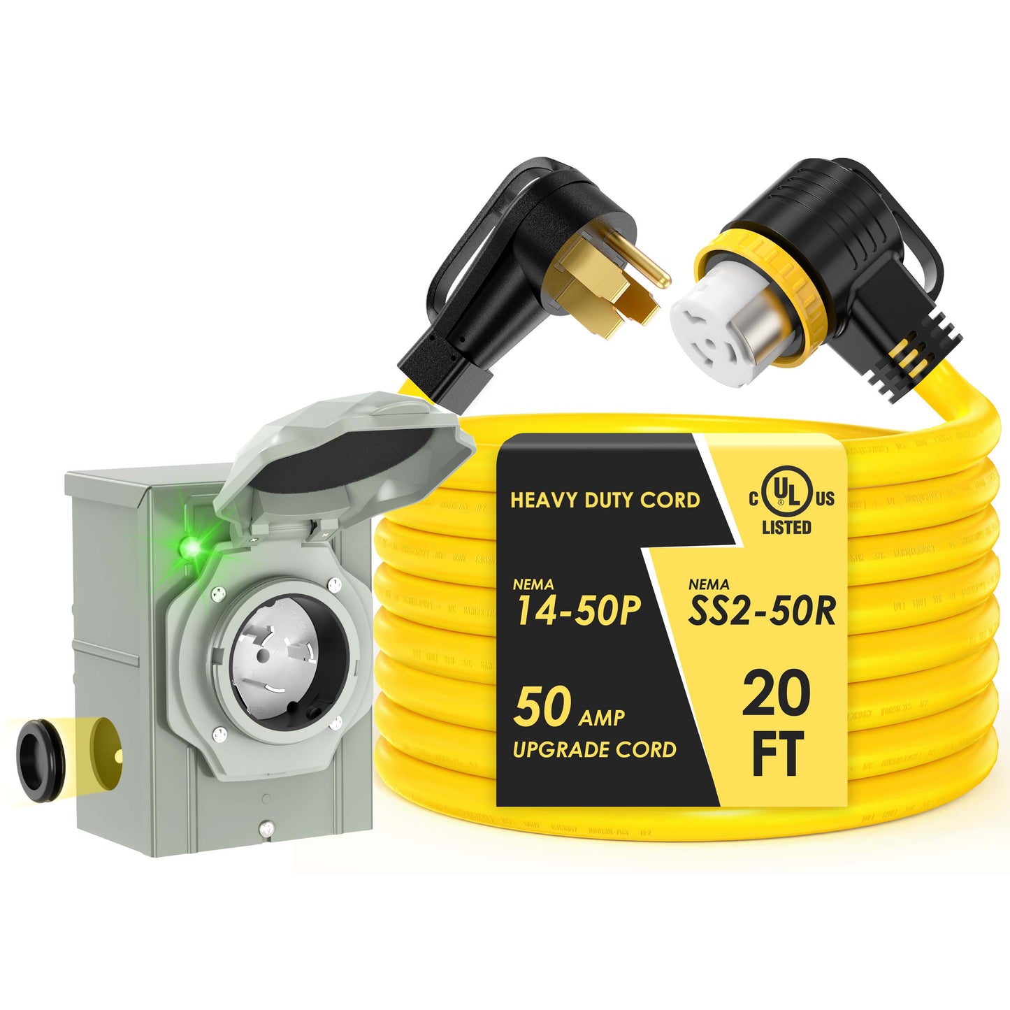 50 Amp Generator Cord with Inlet Box Kit, Heavy Duty 6/3+8/1 AWG STW Wire, NEMA 14-50P to SS2-50R Twist Locking, Newly Designed 90 Degree Grip Handle for Generator to House