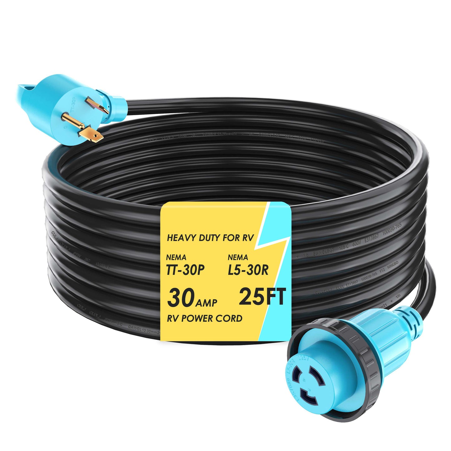 30 Amp 25 Feet RV Power Cord Twist Locking, Heavy Duty 10 Gauge 3 Wire STW Pure Copper Wire with Grip Handle, TT-30P to L5-30R with Cord Organizer for RV Trailer Campers