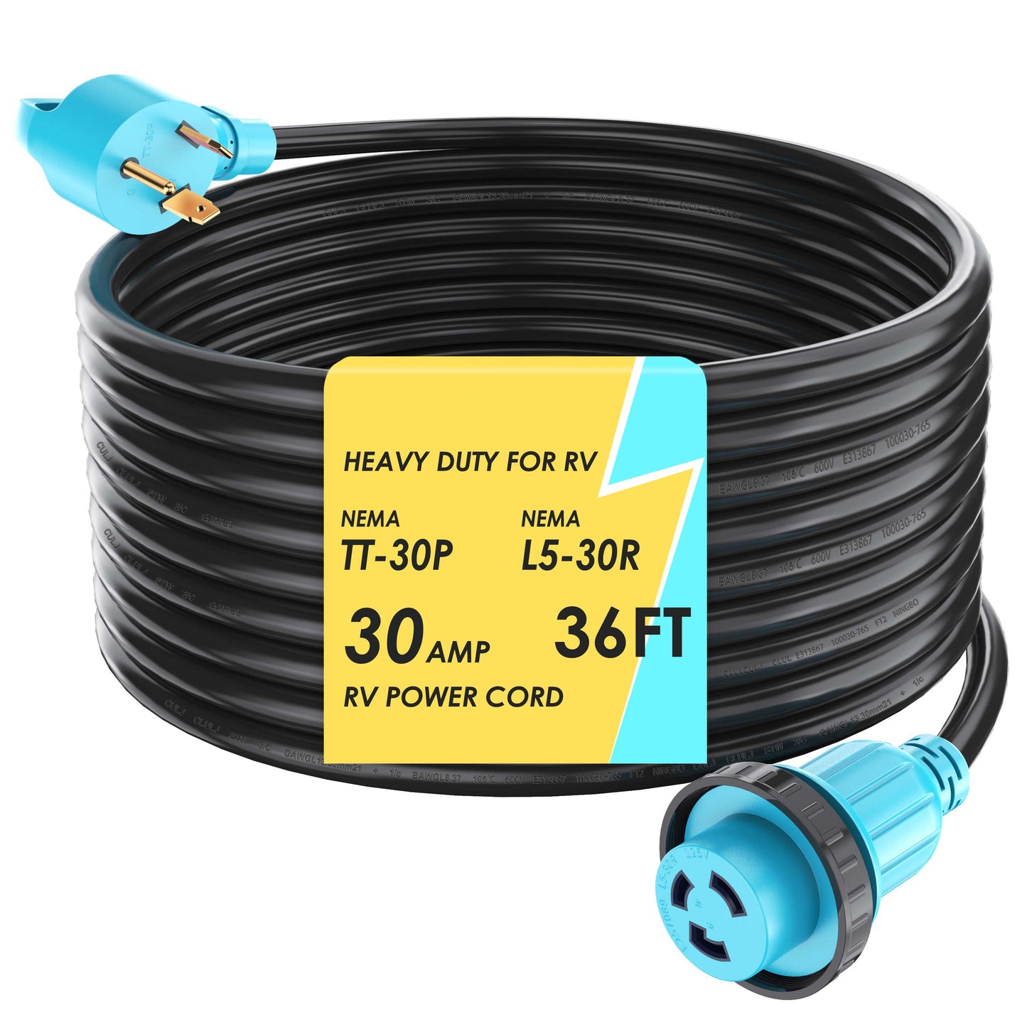 30 Amp 25 Feet RV Power Cord Twist Locking, Heavy Duty 10 Gauge 3 Wire STW Pure Copper Wire with Grip Handle, TT-30P to L5-30R with Cord Organizer for RV Trailer Campers