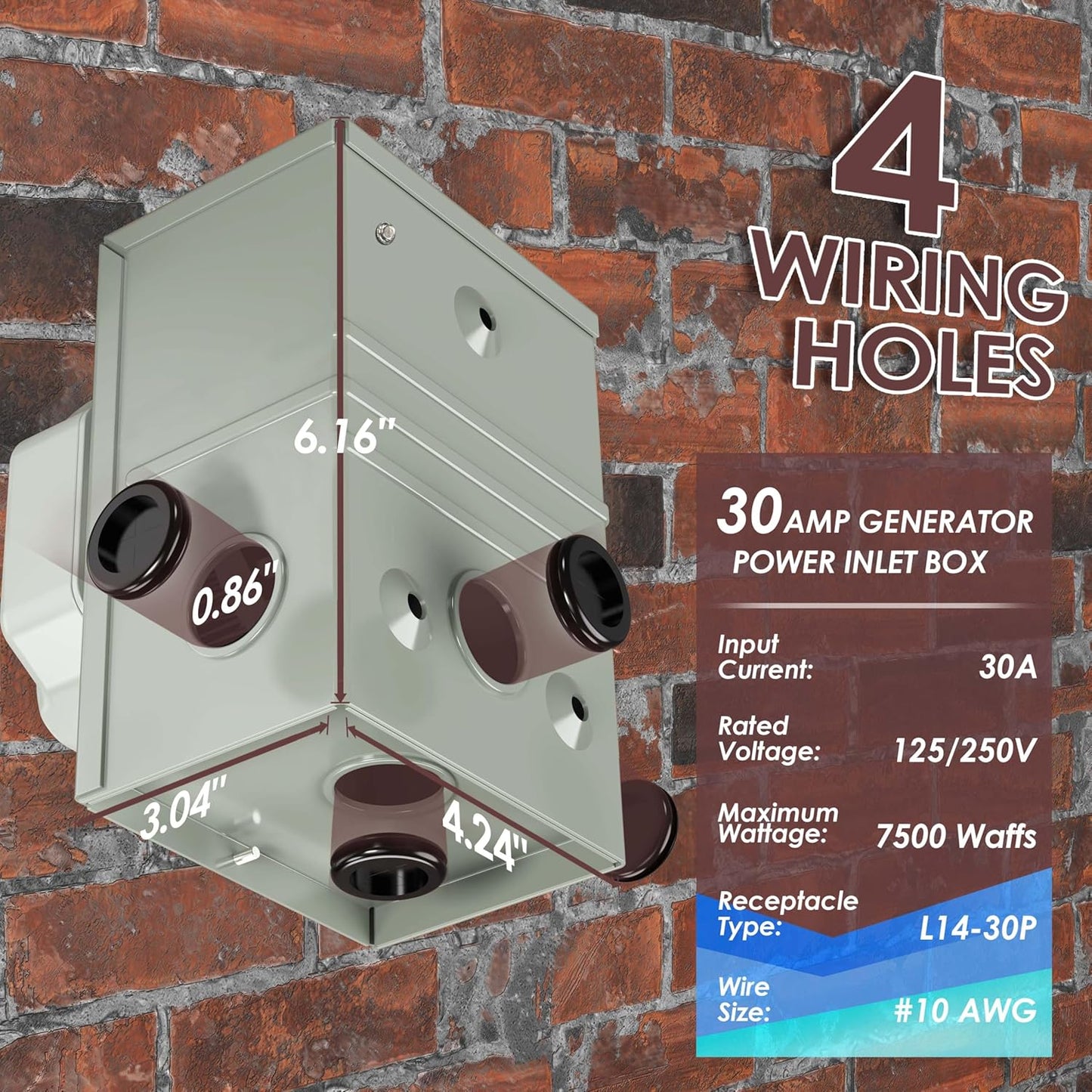 4 Prong 30 Amp Generator Extension Cord and Inlet Box with Locking Connector, Heavy Duty NEMA L14-30P/L14-30R, 125/250V 7500W 10 Gauge SJTW Generator to House Power Cord