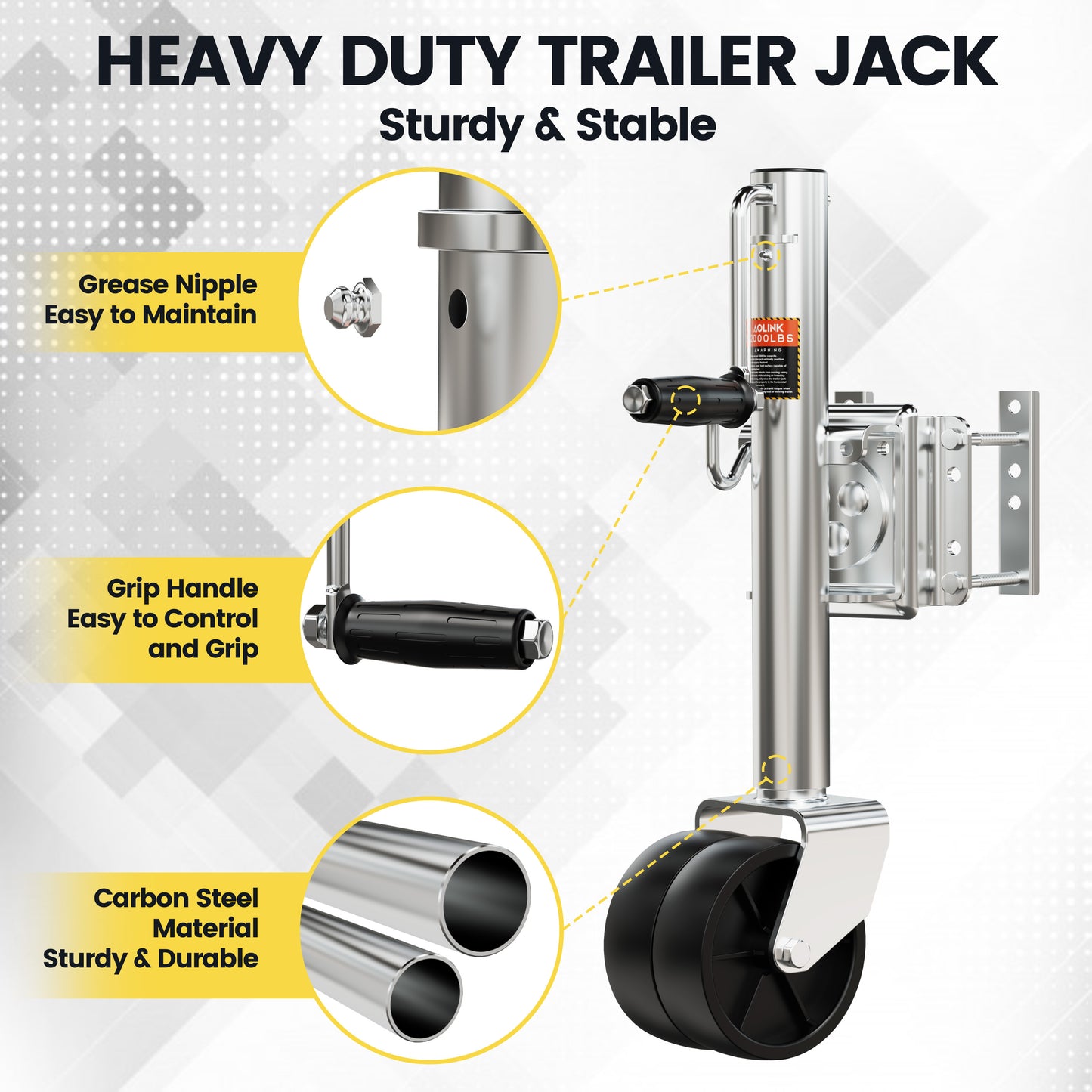 2000 lbs Trailer Jack with Dual Wheel, Heavy Duty Swivel Mount, 12" Lift, Bolt-on Tongue Jack for RV Boat Trailers