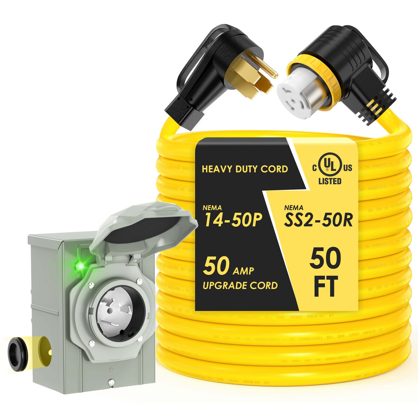 50 Amp Generator Cord with Inlet Box Kit, Heavy Duty 6/3+8/1 AWG STW Wire, NEMA 14-50P to SS2-50R Twist Locking, Newly Designed 90 Degree Grip Handle for Generator to House