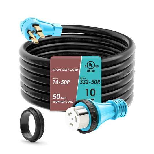 UL Listed 50 Amp 10 Feet RV/Generator Cord with Locking Connector, Heavy Duty 6/3+8/1 Gauge STW Wire, 14-50P Male and SS2-50R Twist Locking Female for RV Camper and Generator to House