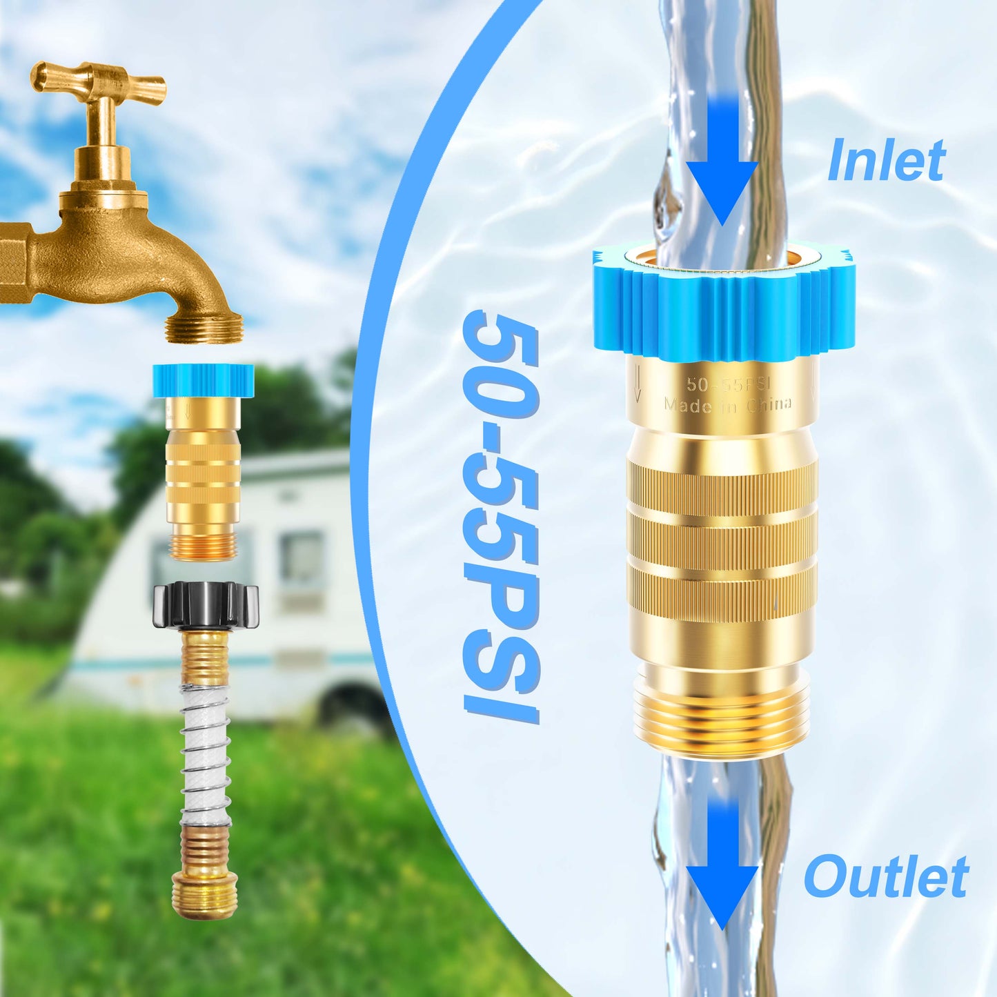 RV Hi-Flow Water Pressure Regulator 50-55 psi, 3/4 Inch Thread Lead-Free Brass Inline Water Pressure Reducer for Camper, Trailer, RV Plumbing System
