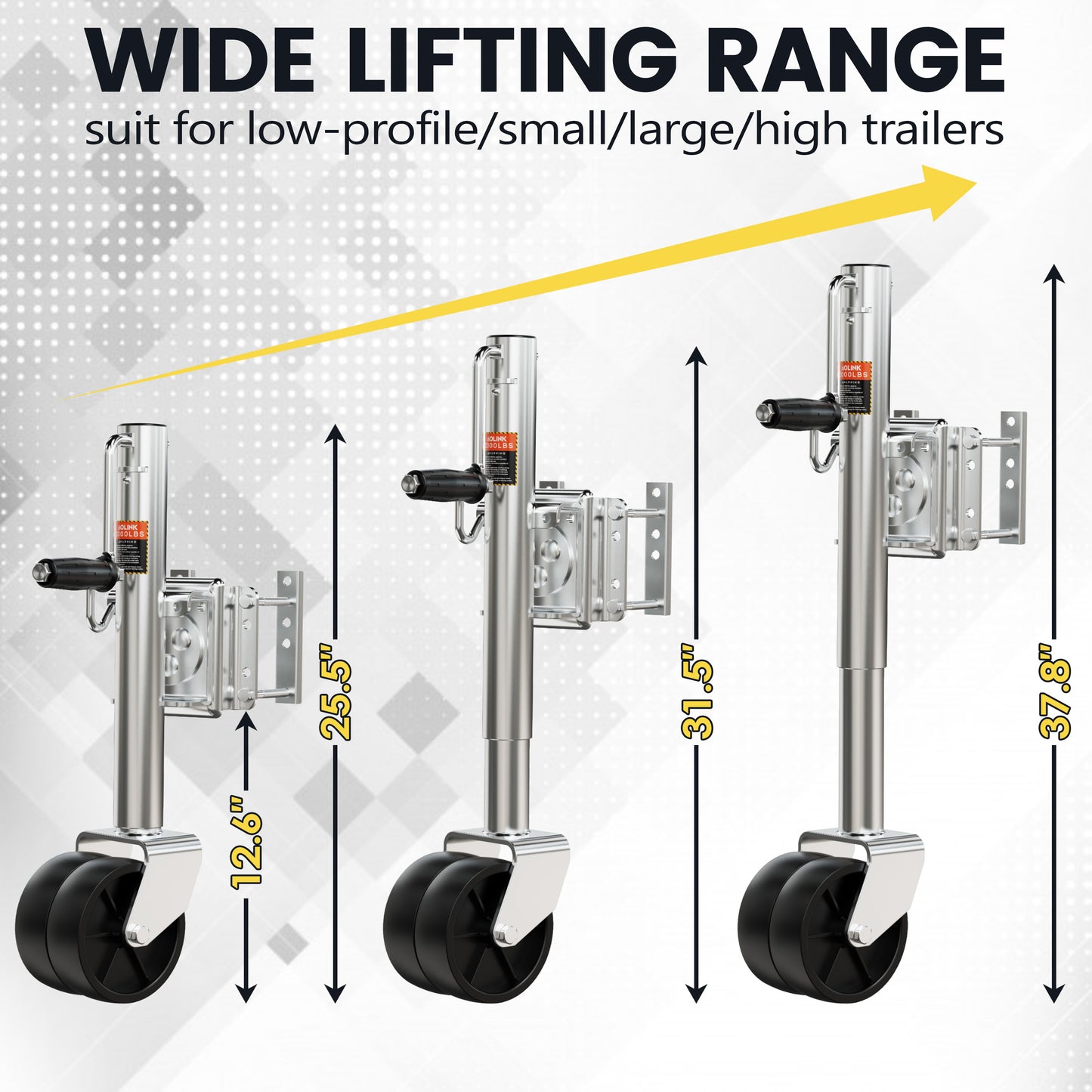 2000 lbs Trailer Jack with Dual Wheel, Heavy Duty Swivel Mount, 12" Lift, Bolt-on Tongue Jack for RV Boat Trailers