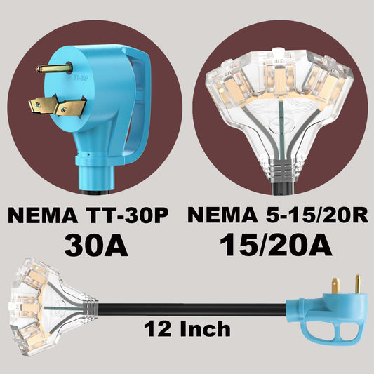 30 Amp to 110V RV/Generator Distribution Adapter Cord, NEMA TT-30P Male to 3X 5-15R/5-20R T-Blade Household Outlet Female with LED Power Indicator 3750W