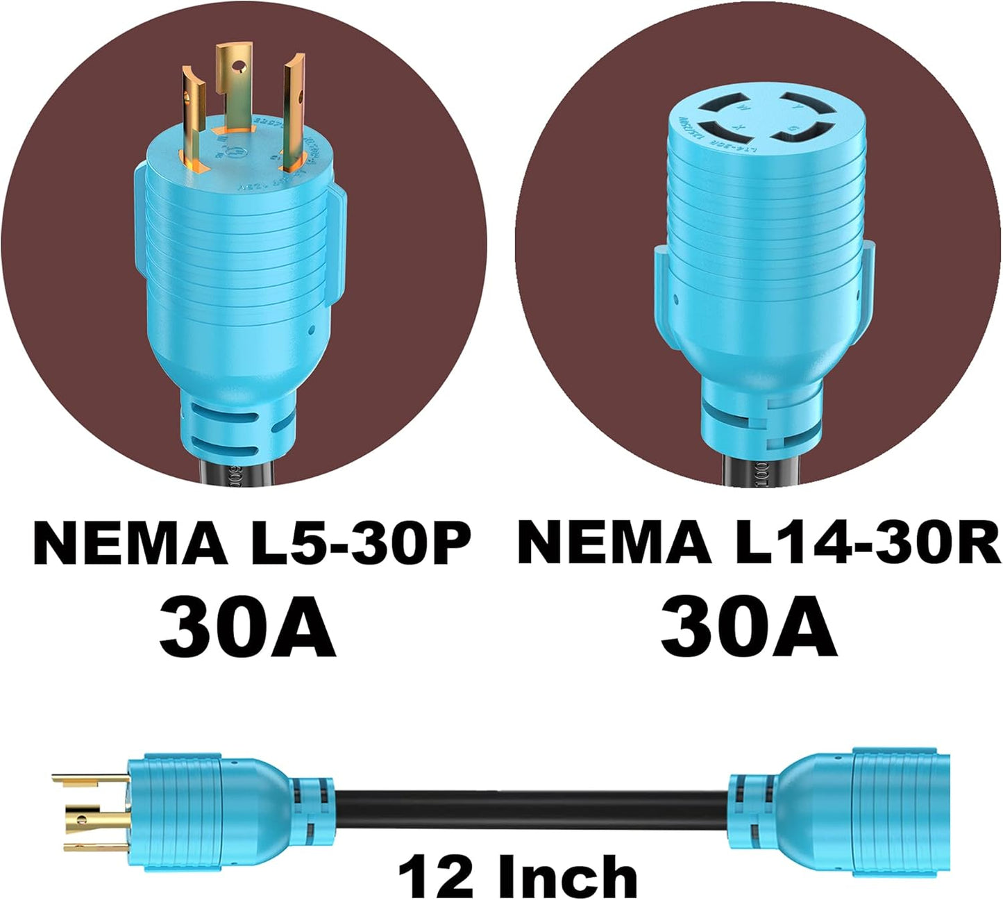 NEMA L5-30P to L14-30R Adapter Cord, 4 to 3 Prong Generator Transfer Switch Adapter, 30 Amp Generator Twist Lock 3 to 4 Prong House Inlet Box, STW 10 AWG Blue