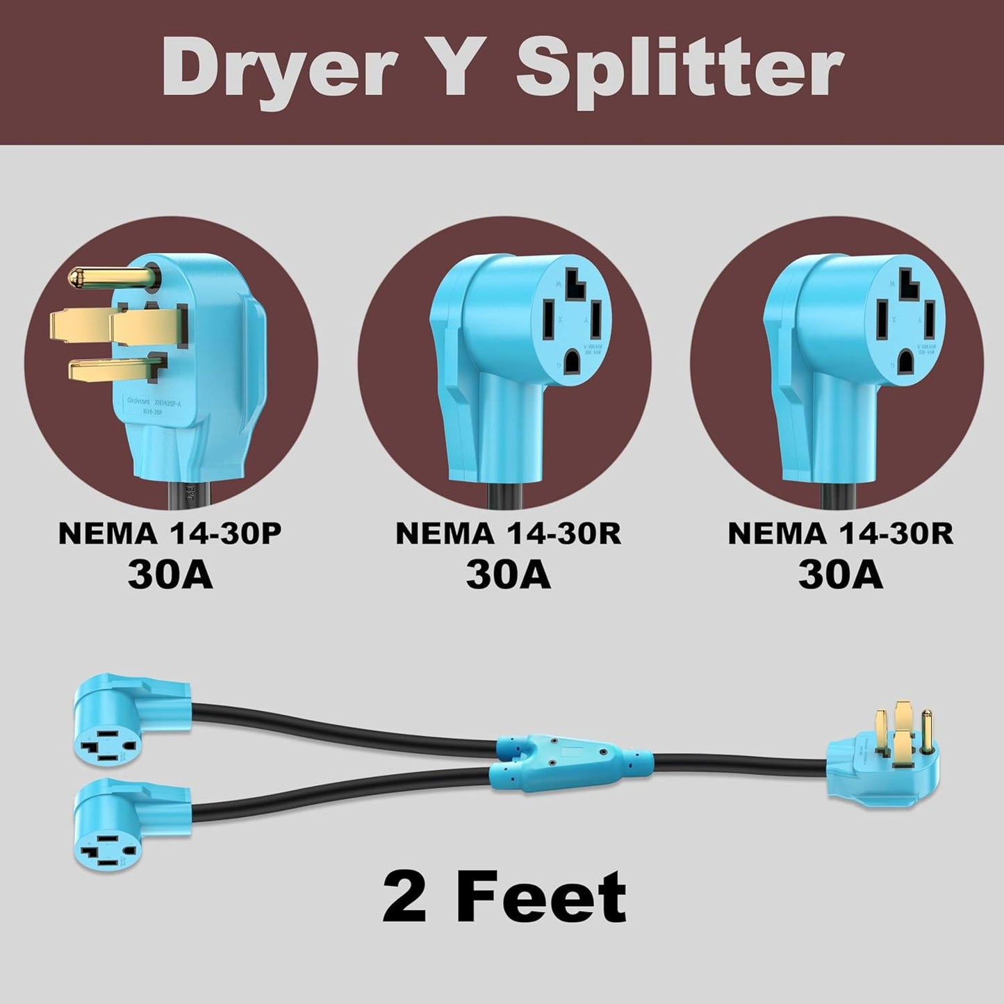 4 Prong Dryer Y Splitter 2 FT, NEMA 14-30P Male to Two NEMA 14-30R Female, 30 Amp 250 Volt 7500W STW 10 AWG Dryer Y Adapter Cord, for Dryer Outlet and Level 2 EV Charging