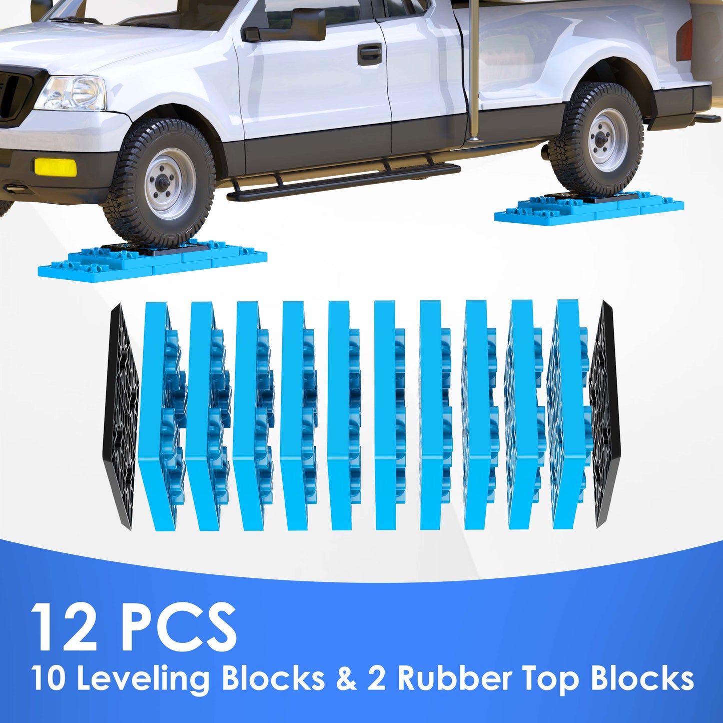Heavy Duty RV Leveling Blocks 12 Pack, Interlocking Design Camper Leveling Blocks with Packing Bag, Ideal for Leveling Single and Dual Wheels (Blue)
