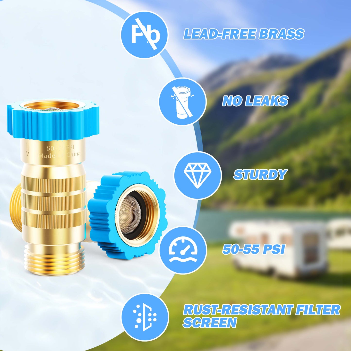 RV Hi-Flow Water Pressure Regulator 50-55 psi, 3/4 Inch Thread Lead-Free Brass Inline Water Pressure Reducer for Camper, Trailer, RV Plumbing System