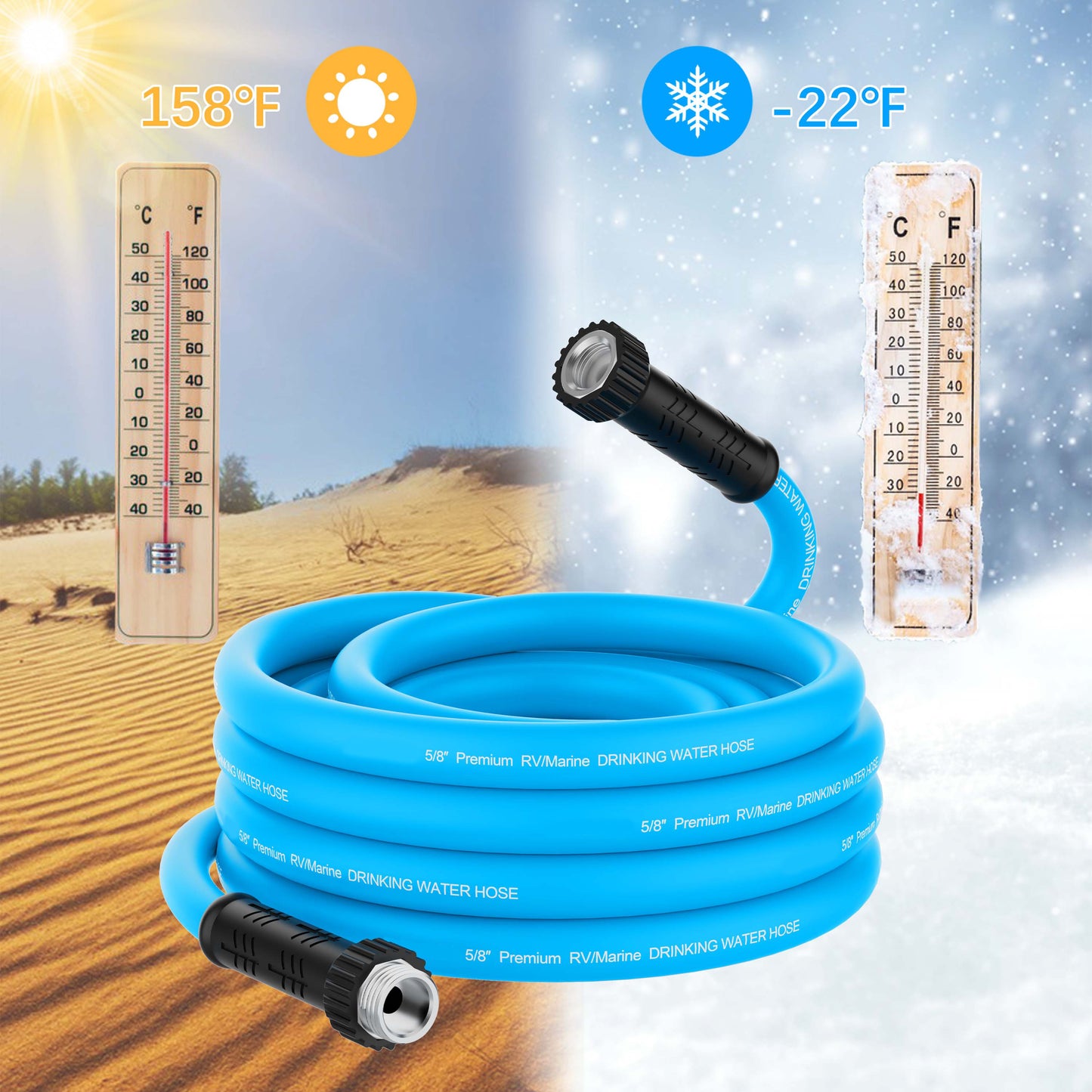RV Water Hose, 5/8" Premium RV Drinking Water Hose for RV, Camping, Marine, Trailer and Truck, BPA Free, Anti-Kink and Leak-Free, Drinking Water Safe-Blue