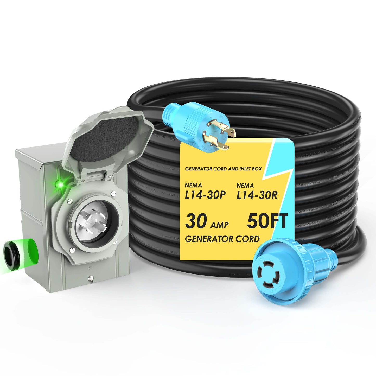 4 Prong 30 Amp Generator Extension Cord and Inlet Box with Locking Connector, Heavy Duty NEMA L14-30P/L14-30R, 125/250V 7500W 10 Gauge SJTW Generator to House Power Cord