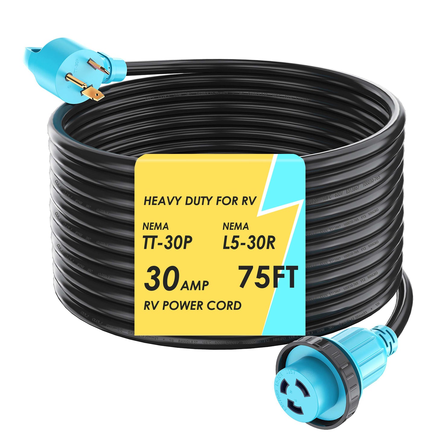 30 Amp 25 Feet RV Power Cord Twist Locking, Heavy Duty 10 Gauge 3 Wire STW Pure Copper Wire with Grip Handle, TT-30P to L5-30R with Cord Organizer for RV Trailer Campers