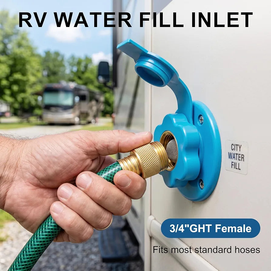 RV City Water Fill Inlet Flange Brass with Check Valve Blue