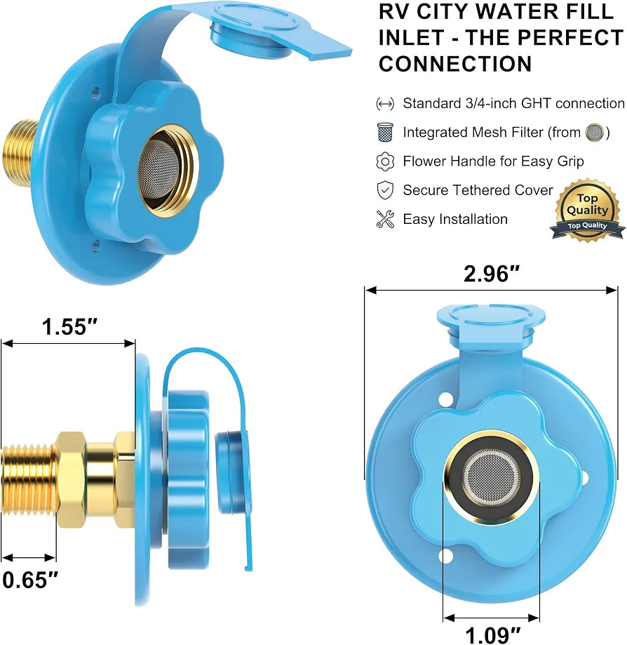 RV City Water Fill Inlet Flange Brass with Check Valve Blue