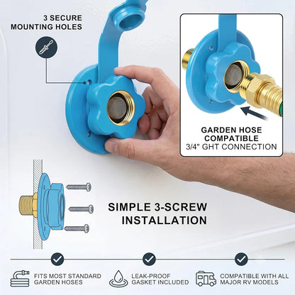 RV City Water Fill Inlet Flange Brass with Check Valve Blue